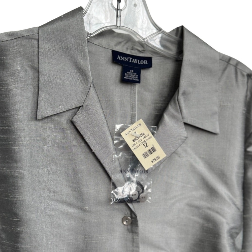 Ann Taylor Silk Blouse Silver Beaded Trim Button‎ Front Size 12